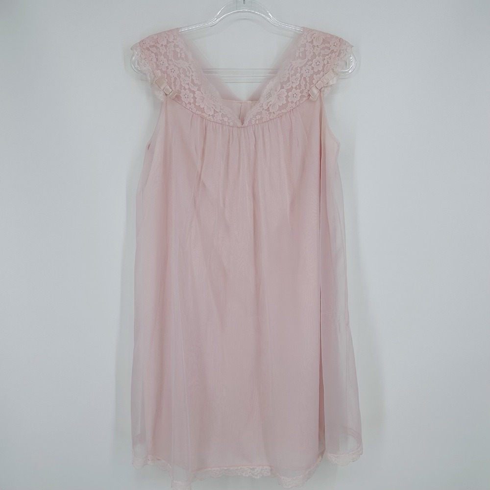Vintage Vanity Fair Pink Satin Bow Double Nylon Nightgown Womens Size‎ M Lace - Picture 4 of 12